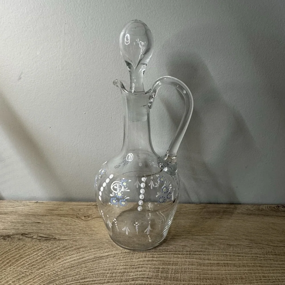 Vintage Clear Glass‎ Decanter Jug Ewer Hand Painted Floral Enamel Stopper MCM